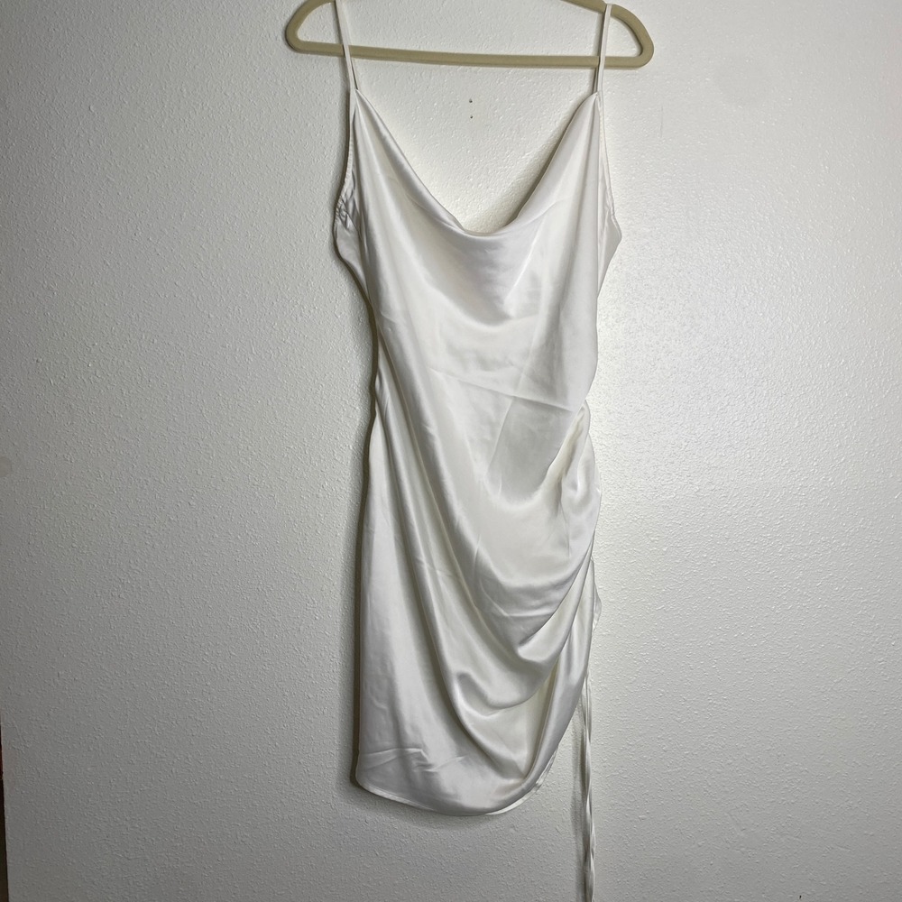 Sugar Thrillz Women's XL White Satin Cowl Neck Ruched Bodycon Mini Dress